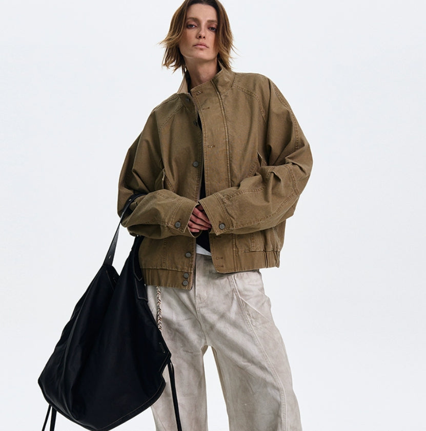 American Barn Style Color Block Leather Collared Jacket