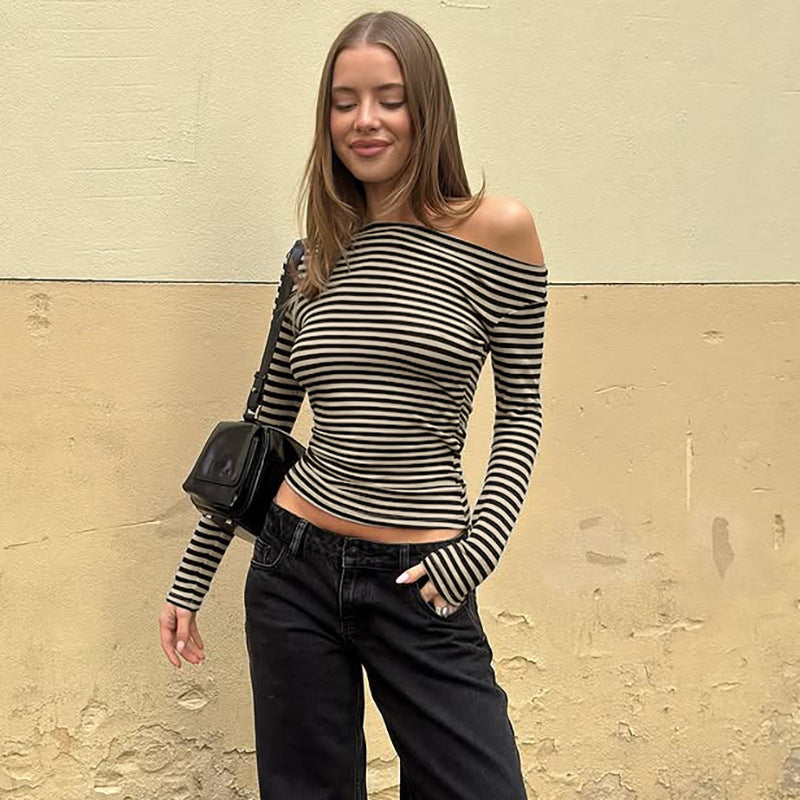 Contrast Color Striped Diagonal Collar Long Sleeve T-shirt