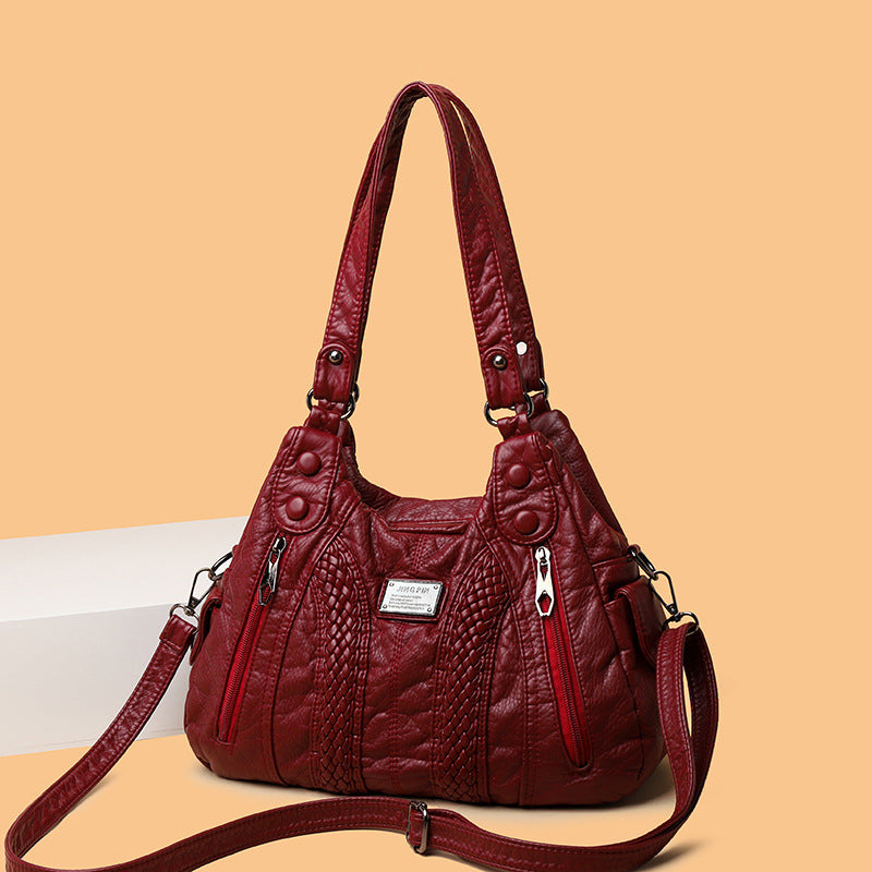 Real Washed Leather Woven Locomotive Commuter Large Capacity Soft Leather Portable Shoulder Bag For Women