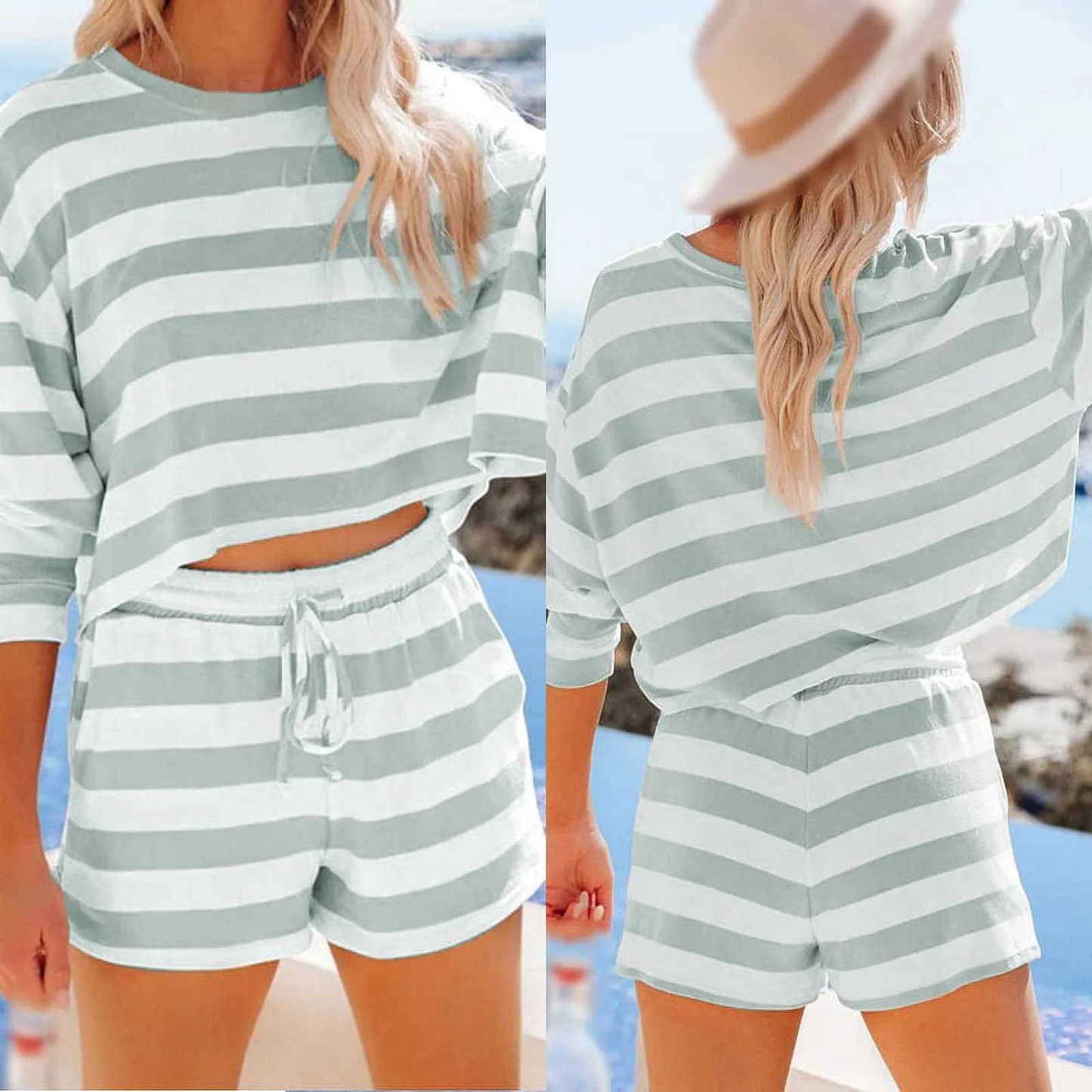 Womens Crew-Neck Striped Long-Sleeve Top And Casual Shorts 2-Piece Set