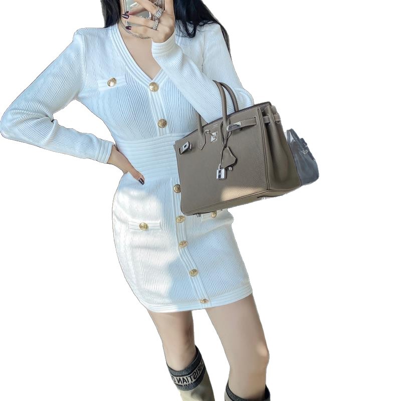 Female Solid Color Loose Fit Vneck Zipup Knit Dress