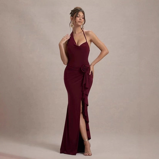 Sexy Asymmetrical Halterneck Three-Dimensional Floral Slim-Fit Split Evening Gown