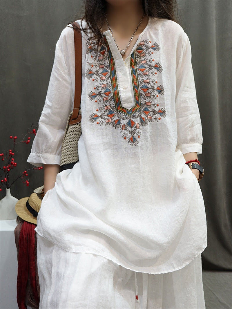 Retro Ramie Machine Embroidery Top Loose