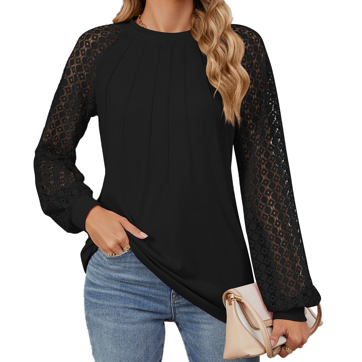 Ny blondelangærmet T-shirt med rund hals, moderigtig løs ensfarvet pullover-top til dametøj