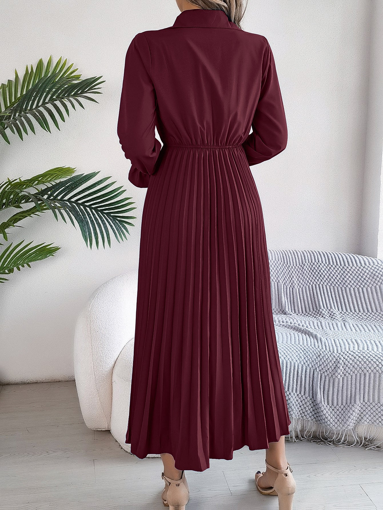 Women's Casual Lapel Button Long Sleeve Tie Waist Pleated Maxi Dress