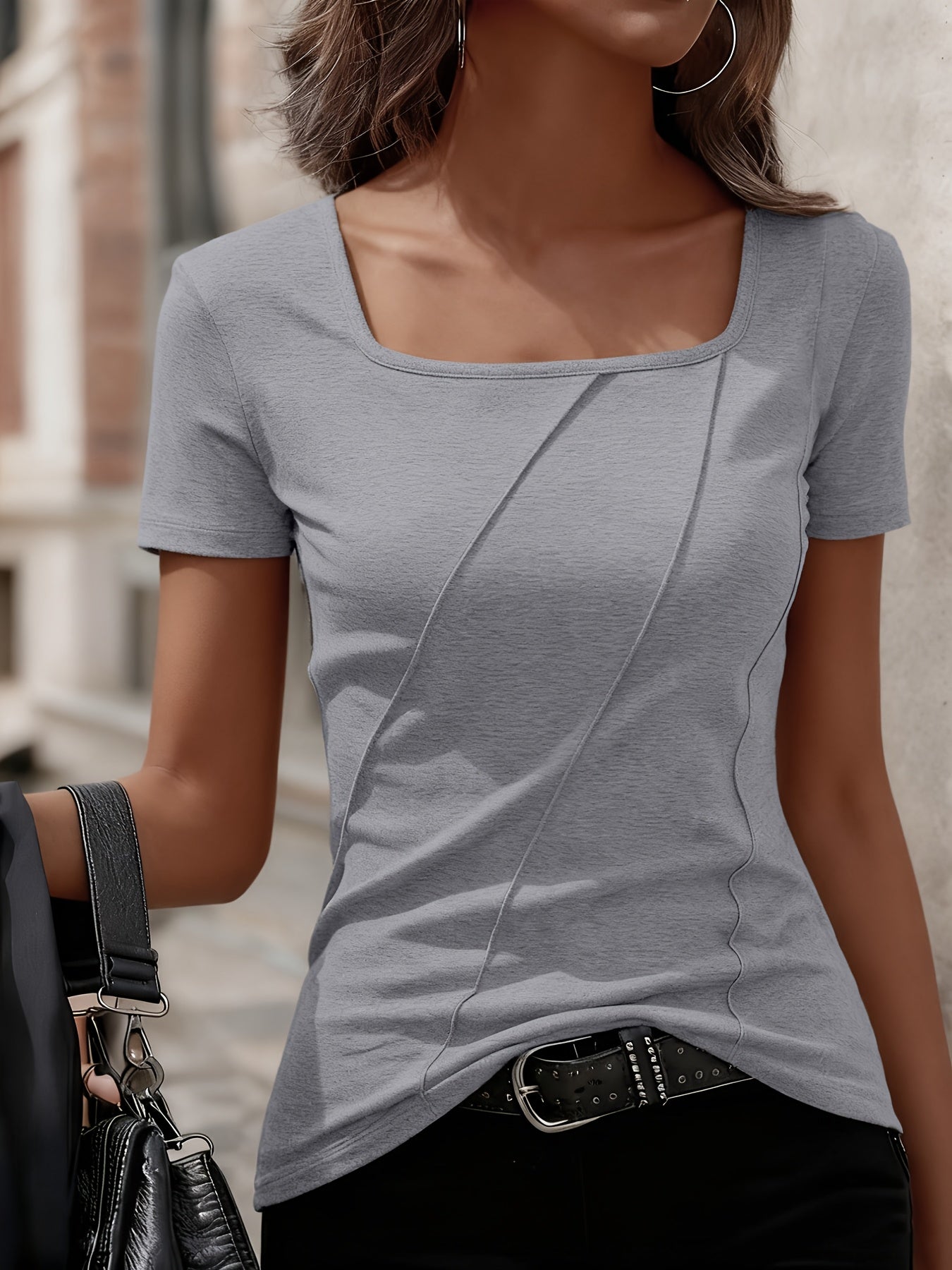 Womens Solid-Color Notch-Neck Short-Sleeve T-Shirt Top