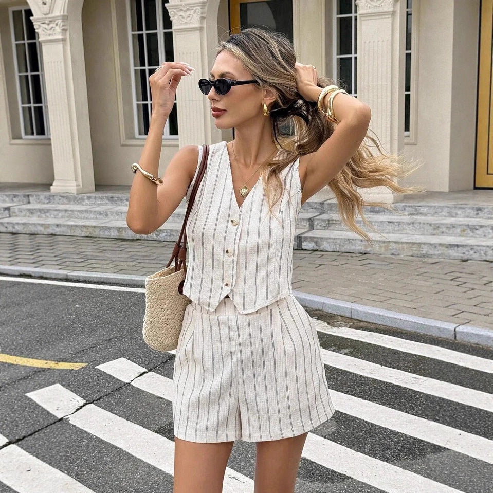 Womens Striped Single-Breasted V-Neck Sleeveless Slim-Fit Shorts Holiday Set