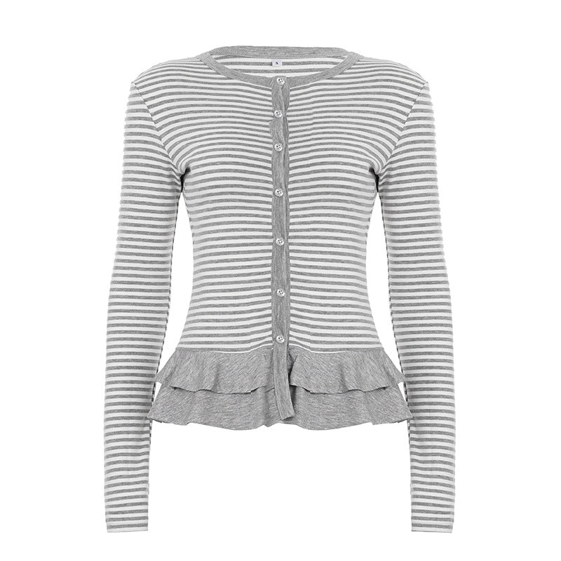 Retro Cake Hem Cardigan Stribet Crewneck Bluse til damer