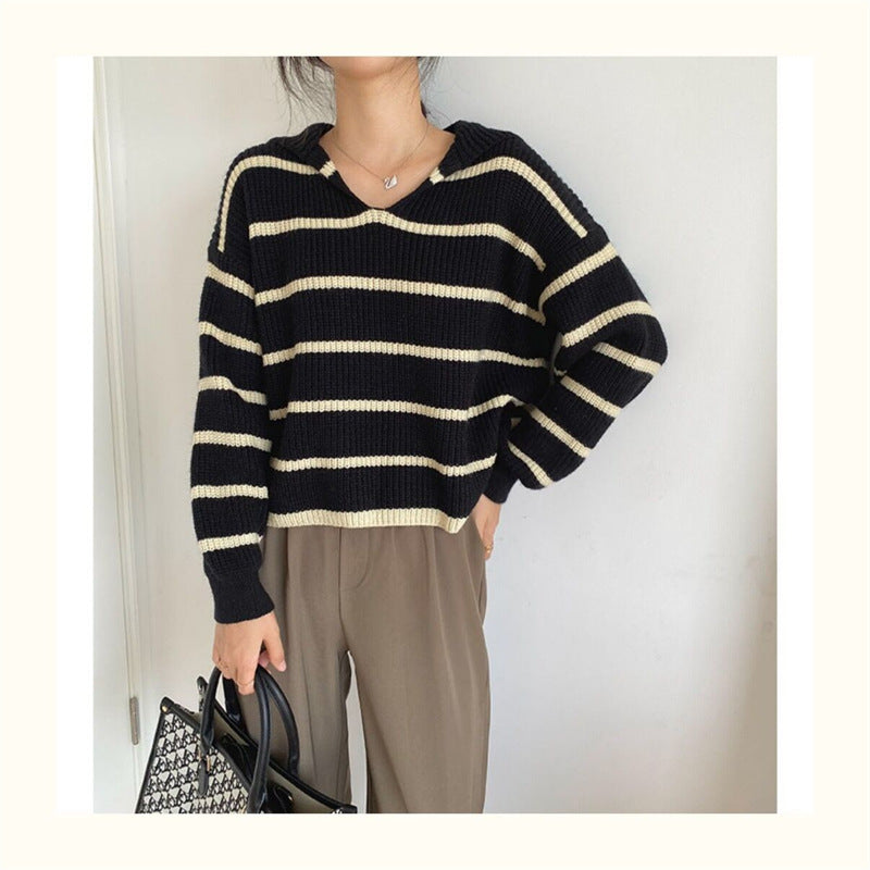 Sailor Collar Western Style Striped Loose Long Sleeve Top Women