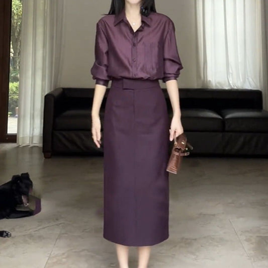 Fashionable Set Womens Blouse Top And Slimming High-Waist Slit Skirt