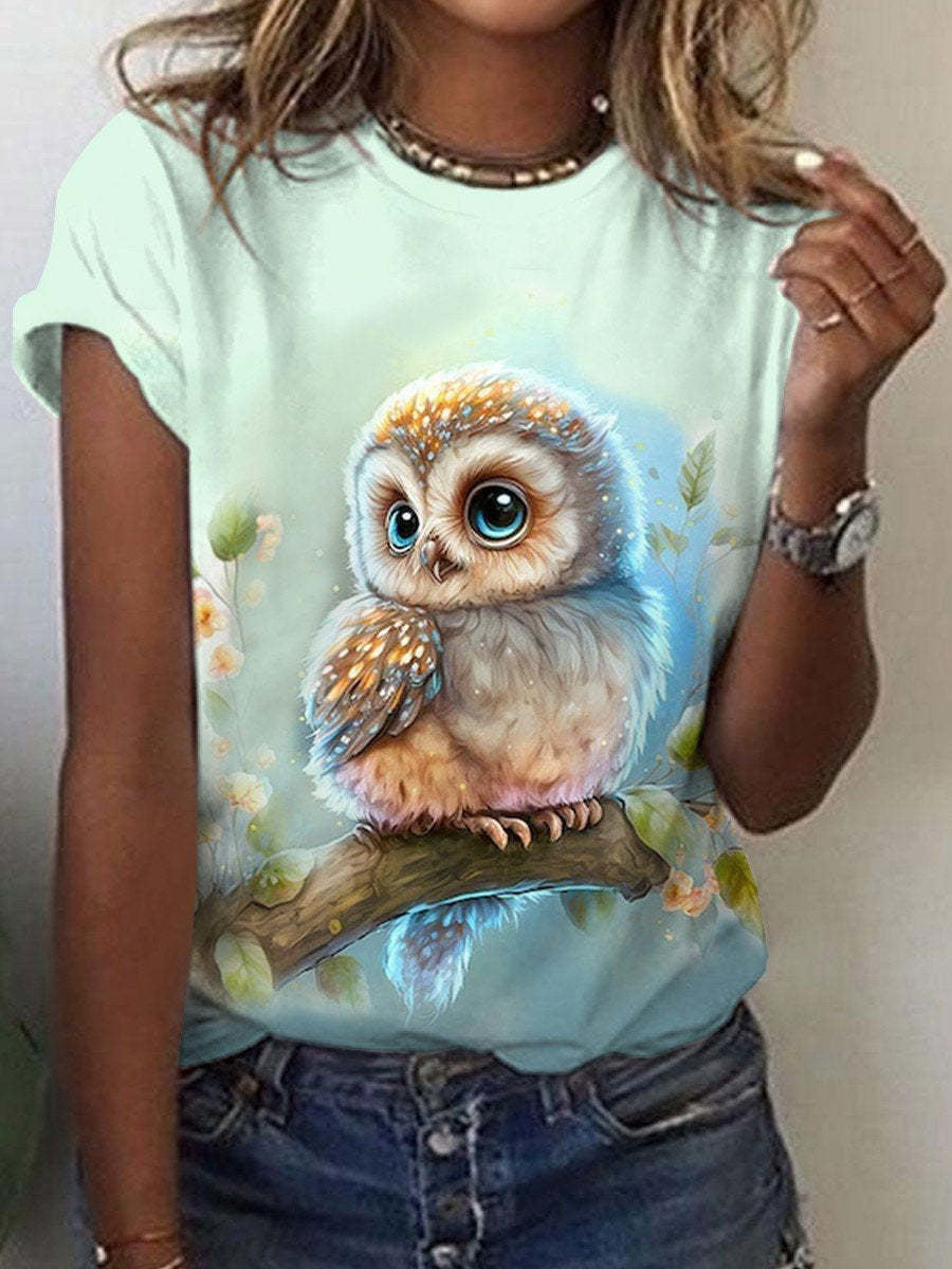 Cute Owl Pattern 3D Printed Round Neck Short Sleeve
