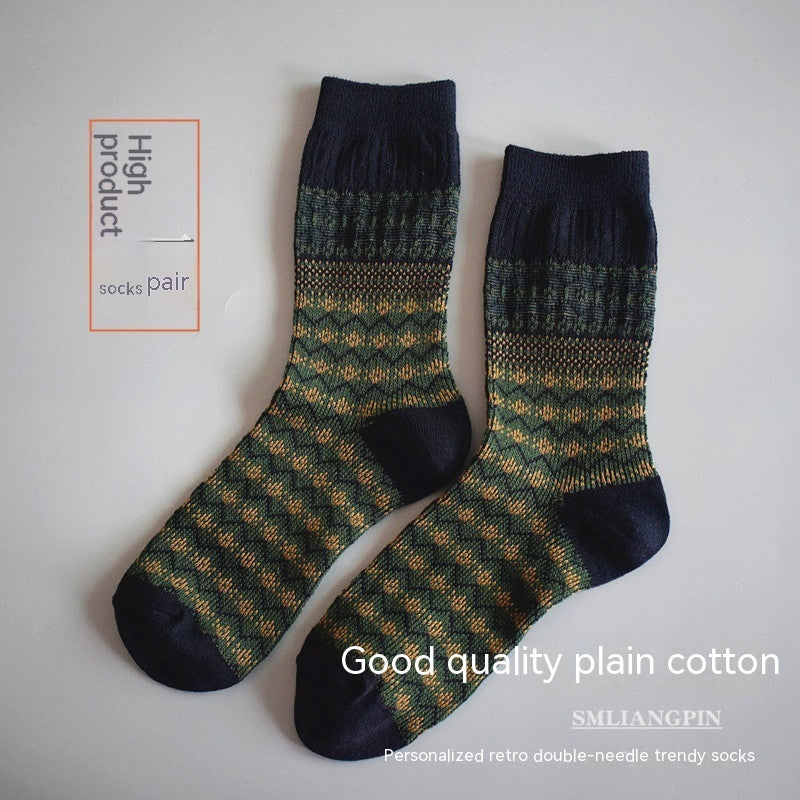 Mid Length Double Needle Christmas Artistic Retro Ethnic Style Long Socks