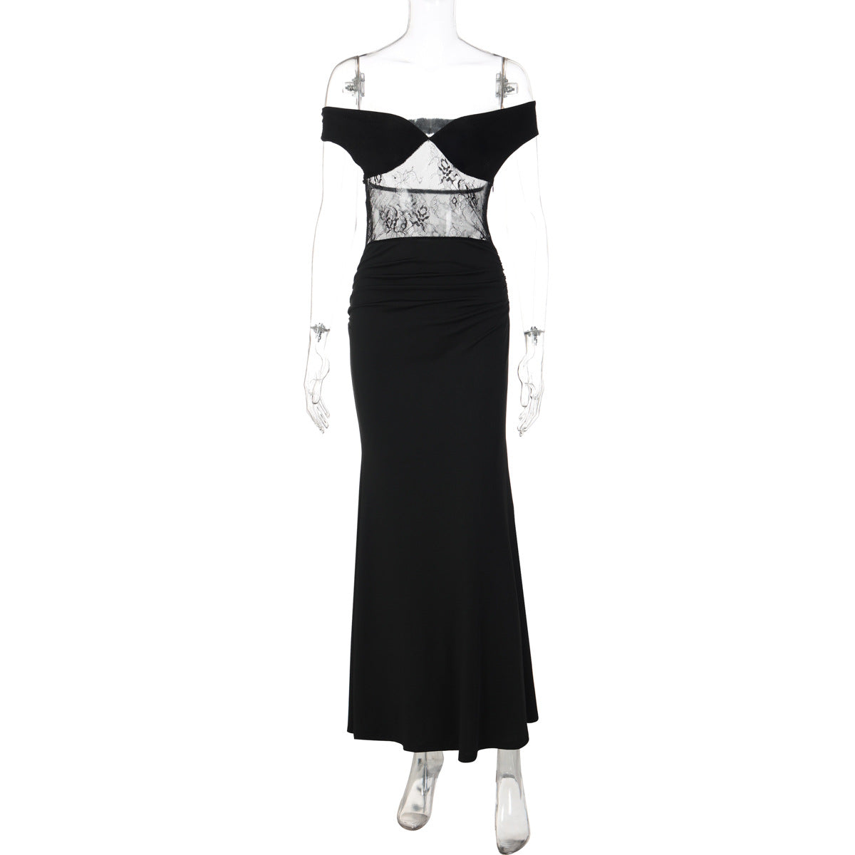 Womens Black Lace Backless Long Bodycon Dress