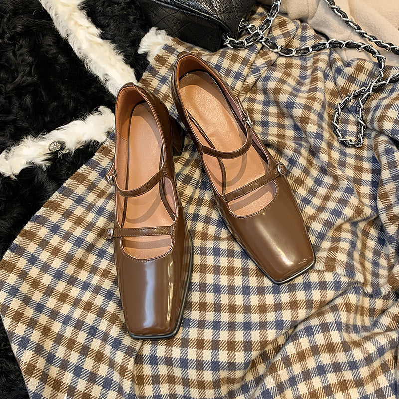 Square Head Women's Medium Thick Heel Buckle Banquet Shoes