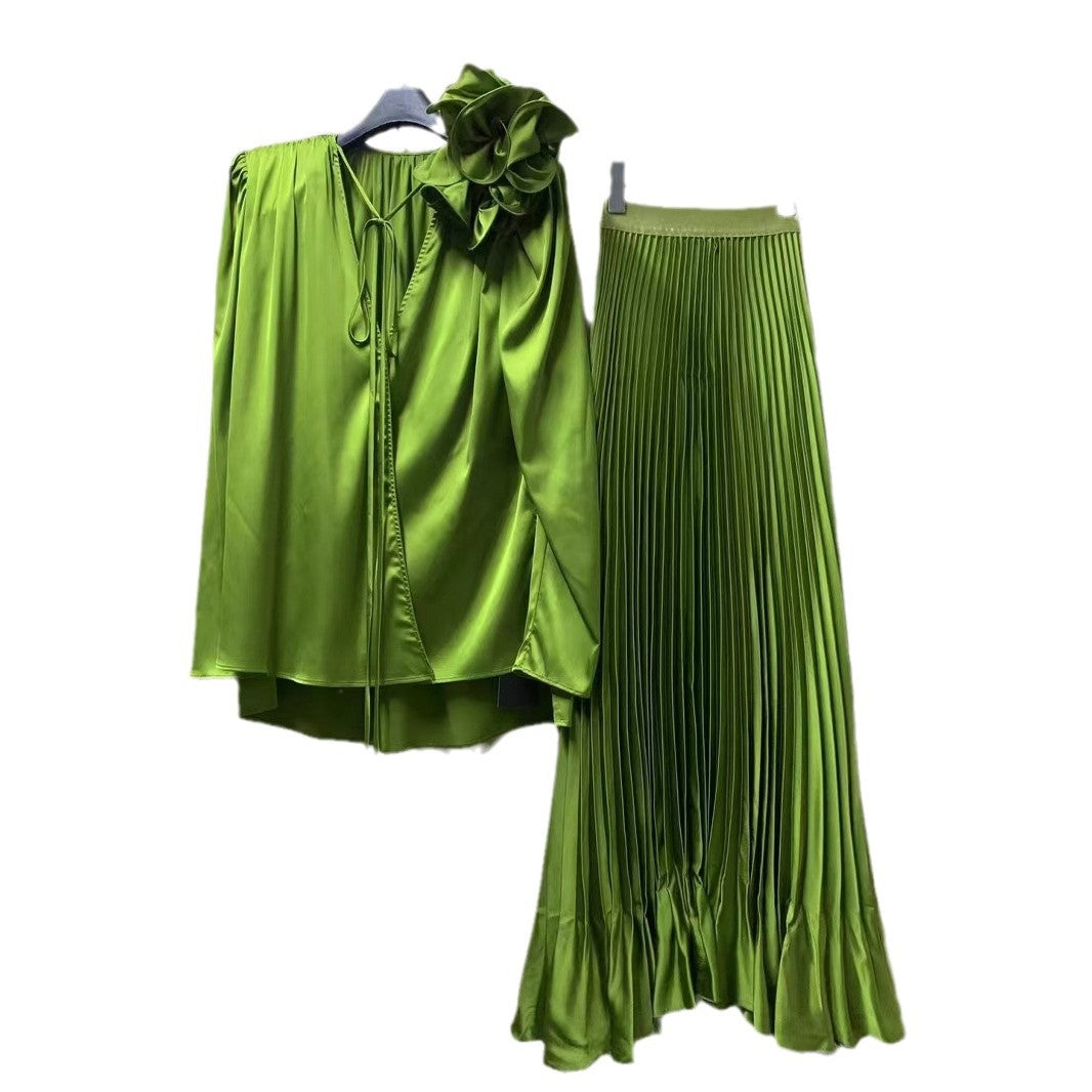V-neck Three-dimensional Flower Loose Shirt Stretch Belt Pleated Skirt Suit