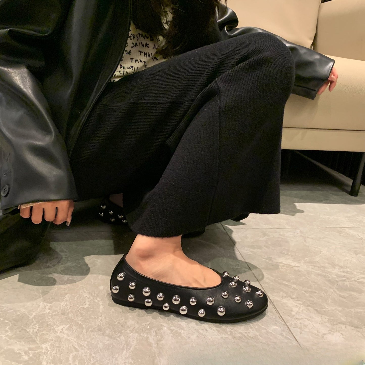 Black Studded Leather Ballet-style Flat Casual Shoes