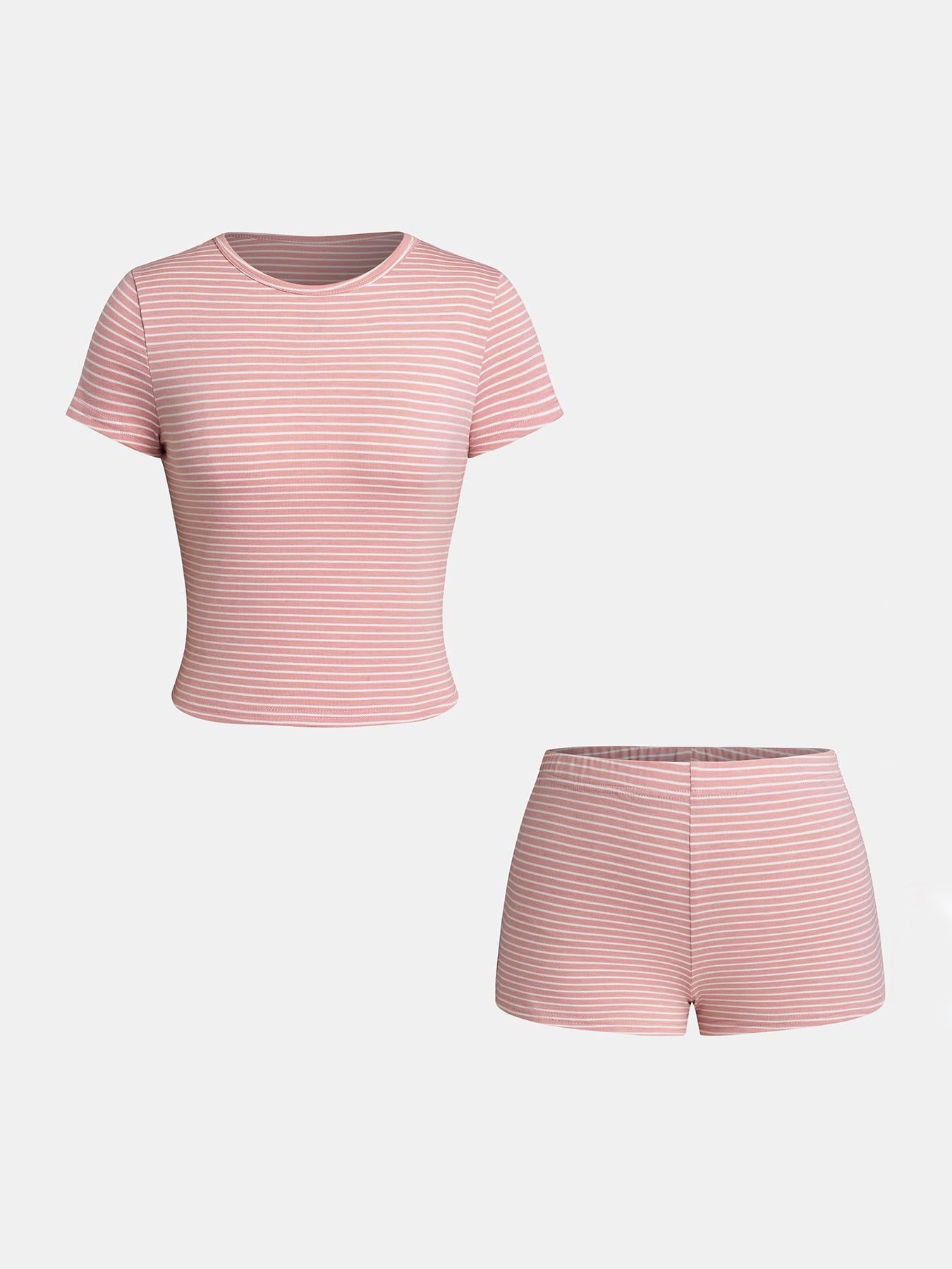Striped Off-shoulder Short-sleeve Top And Shorts Set