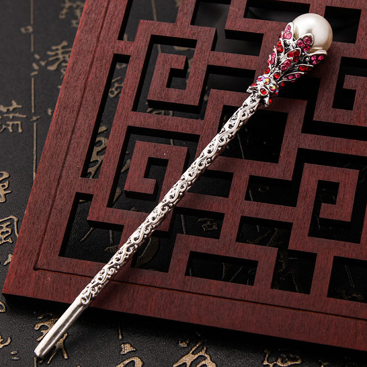 Vintage Bronze Hairpin With Rhinestones And Pearls