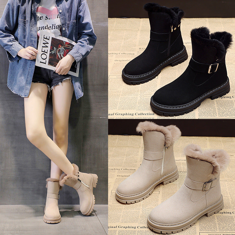 Women's Mid-tube Plus Velvet Warmth Thick-soled Cotton Shoes