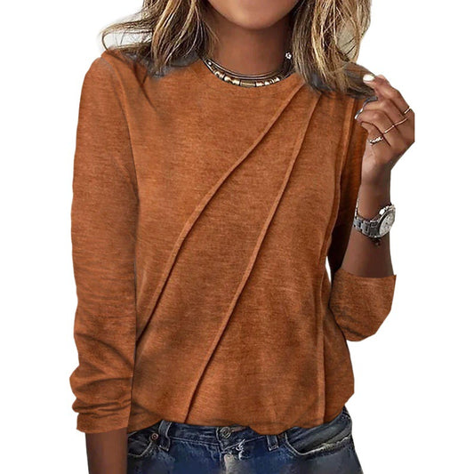 Ensfarvet langærmet pullover T-shirt med rund hals, dametøj