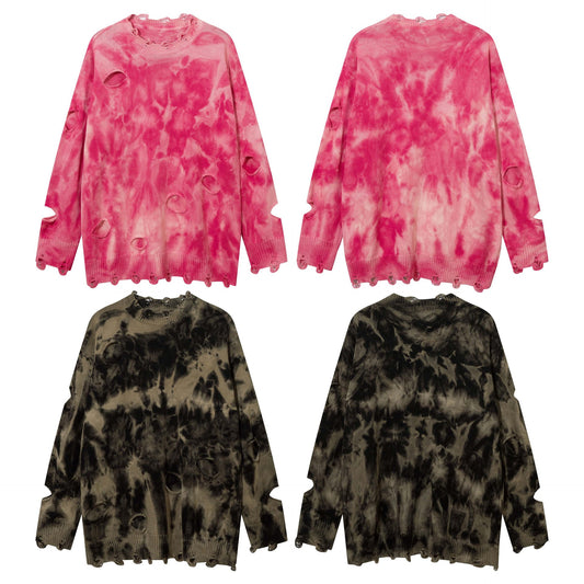 High Street American Beggar Style Tie-dyed Make Old Ripped Round Neck Sweater