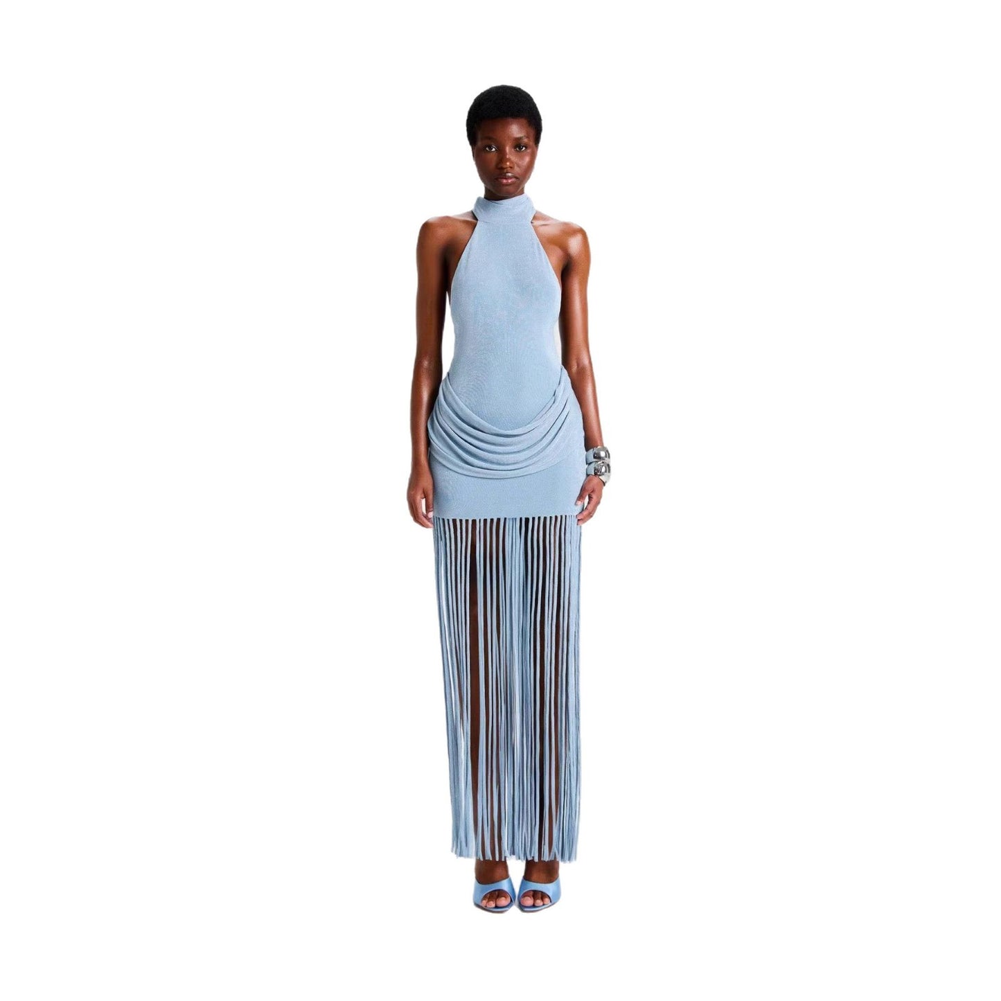 Womens Halterneck Backless Fringe Sexy Bodycon Dress