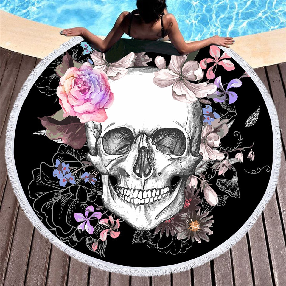 BeddingOutlet Sugar Skull Rundt Badehåndklæde Med Blomsterkvaster, Gobelin Og Sort Yogamåtte Med Blomster Gotisk Toalla Tæppe 150cm