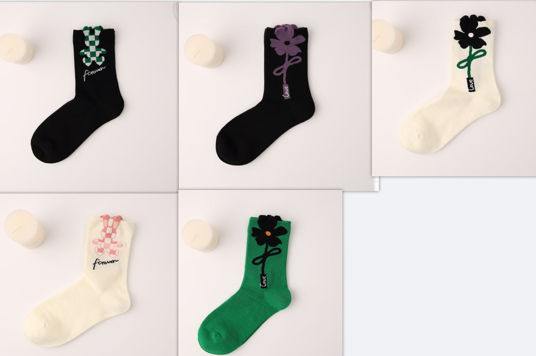 Bow three-dimensional flower cotton socks checkerboard rabbit