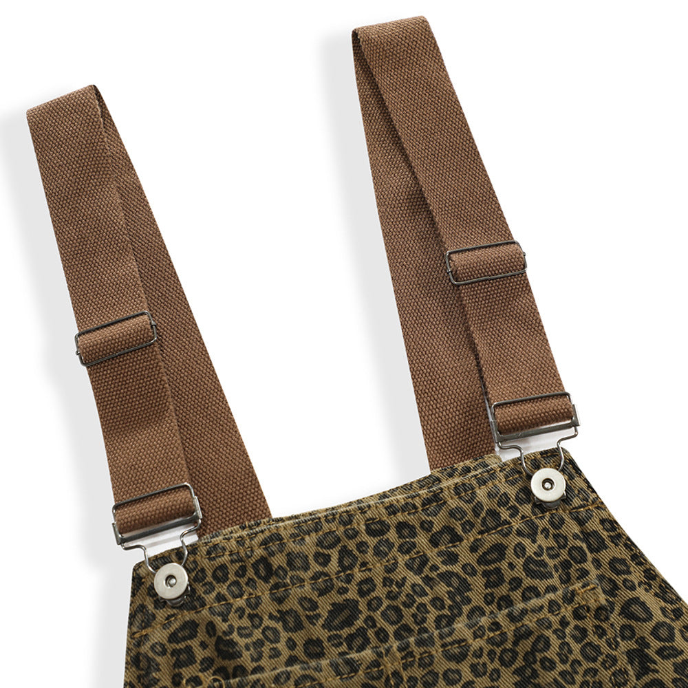 Leopard Print Denim Suspender Pants Men's High Street Loose
