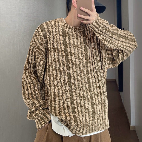 Mens AutumnWinter Retro All-Match Loose Khaki Green Cabled Double-Face Crew-Neck Distressed Thick Sweater