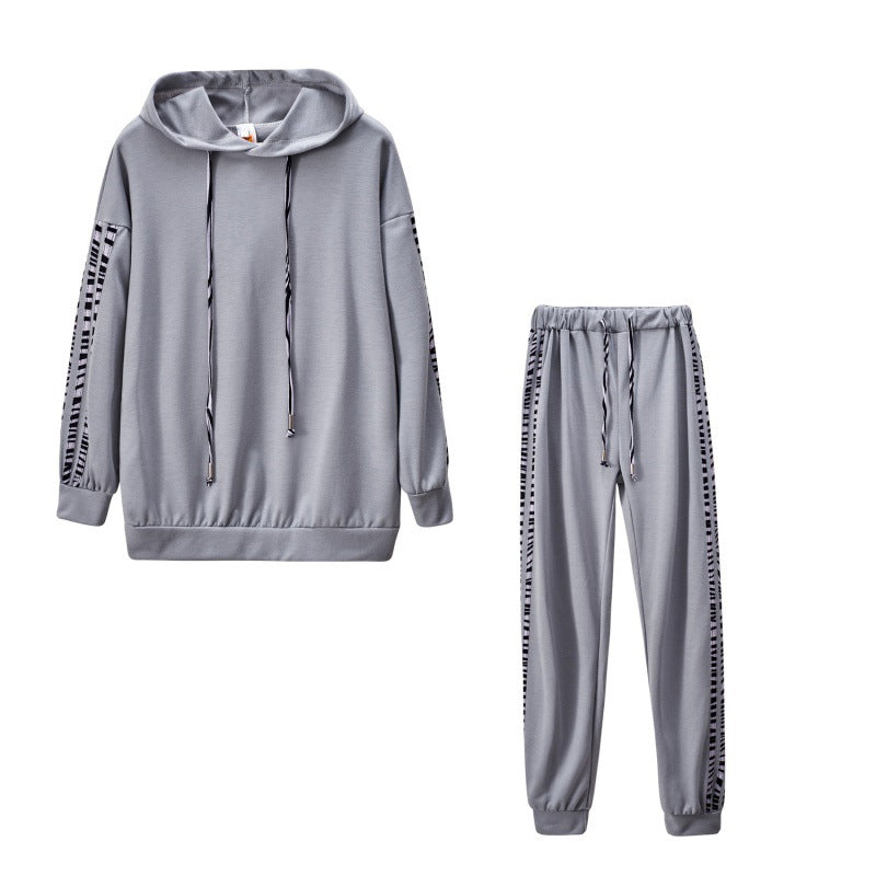 Solid Color Striped Casual Hoodie Two-piece Set
