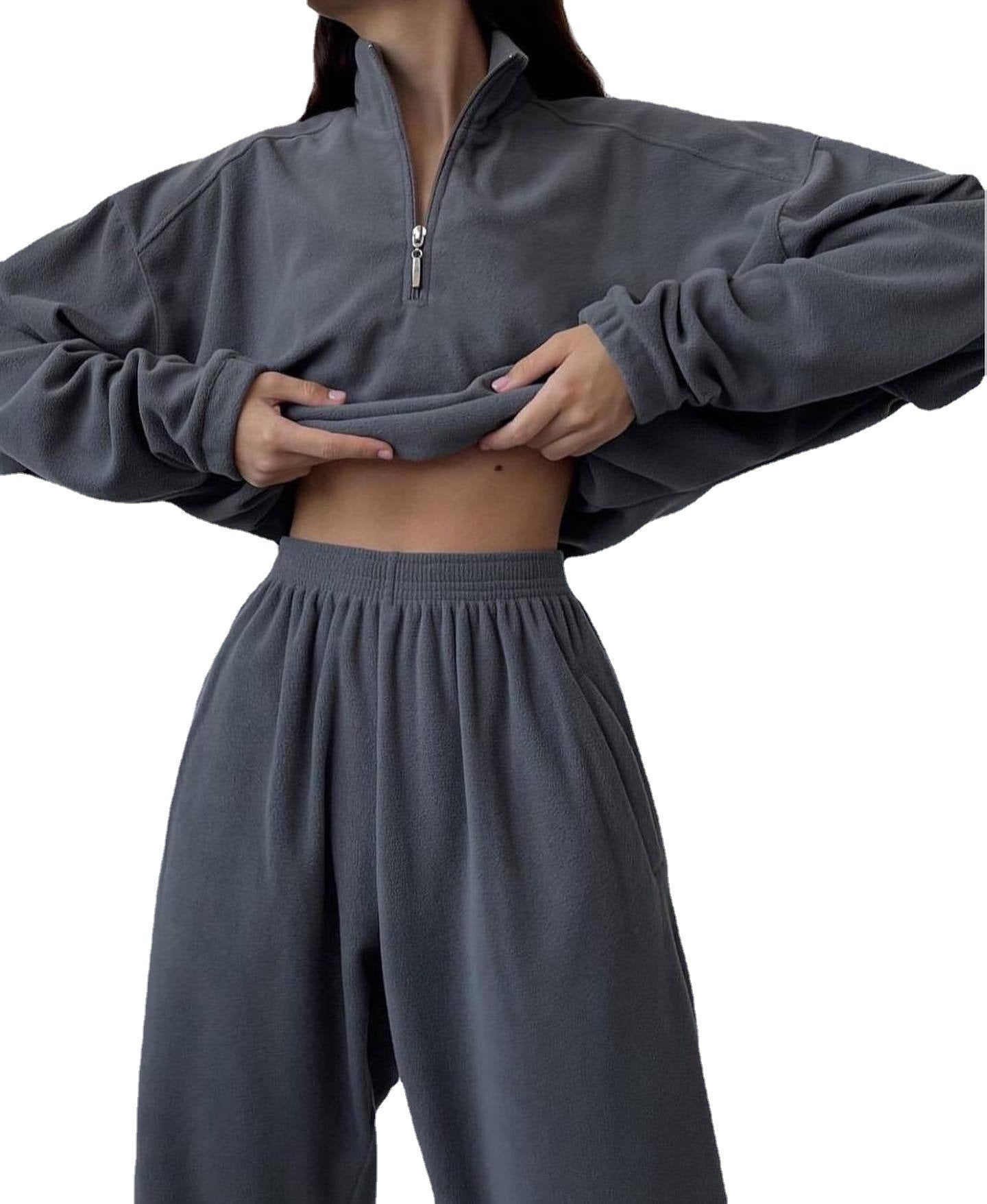 Fashion High Collar Leisure Fleece Sweater Suit