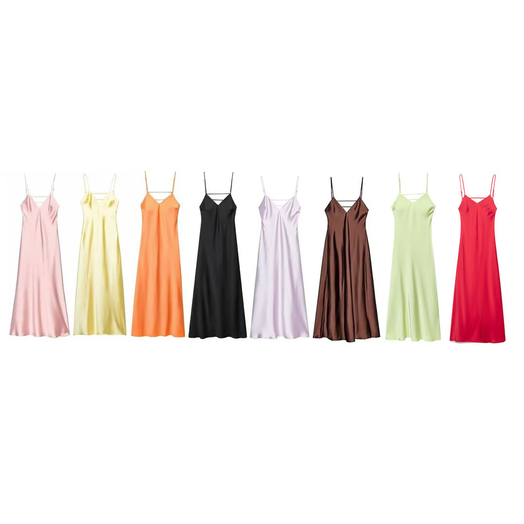 Silk Textured Solid Color Long Suspender Dress