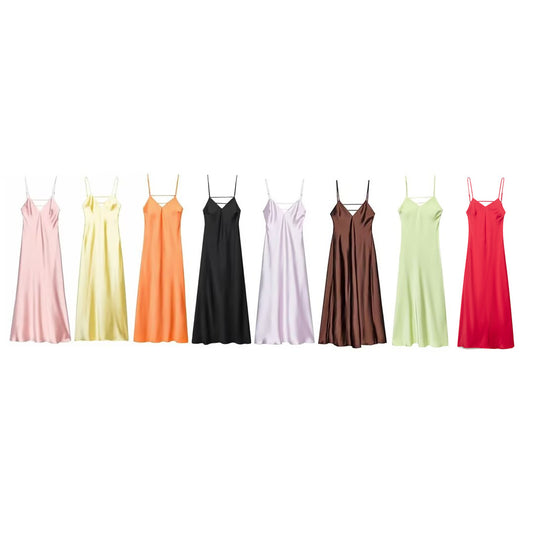 Silk Textured Solid Color Long Suspender Dress