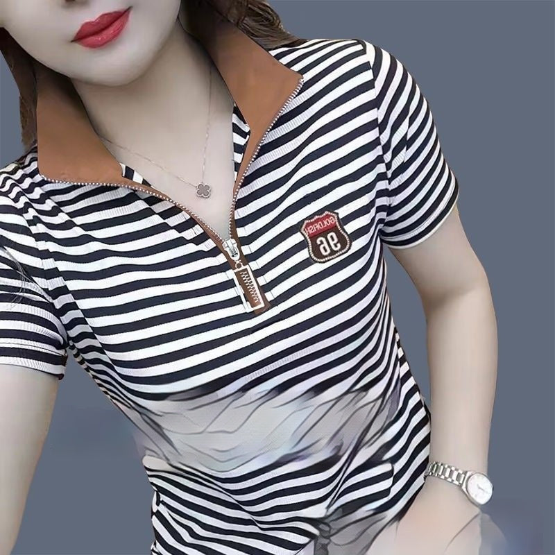 Letter Embroidery Stand-up Collar Short-sleeved T-shirt Shoulder