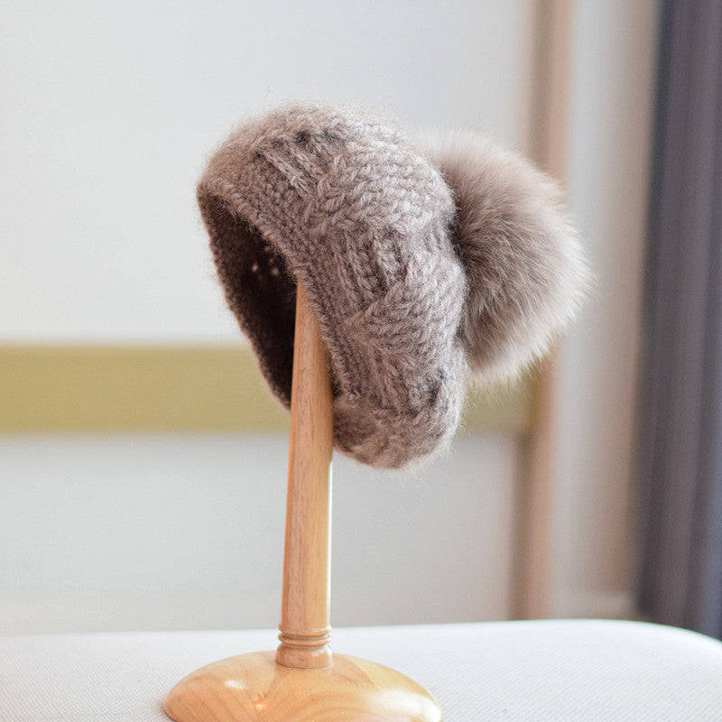 Knitted Fox Velvet Woolen Cap For Women