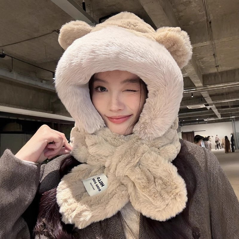 Hat Scarf One Female Student Cute Warm Winter Plush Pullover Ear Protection