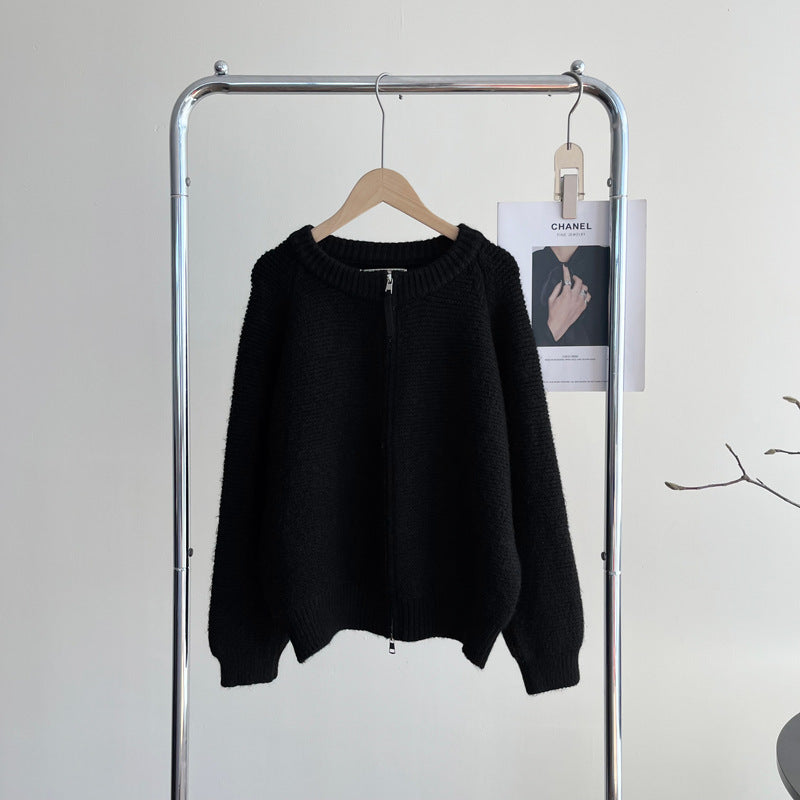 Sweater Double Zipper Sweater For Women Loose And Lazy Style Crew Neck Coat
