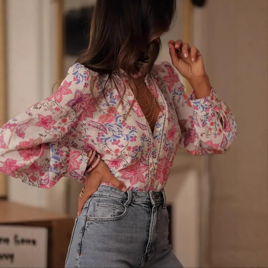 V-neck Single Breasted Shirt For Women