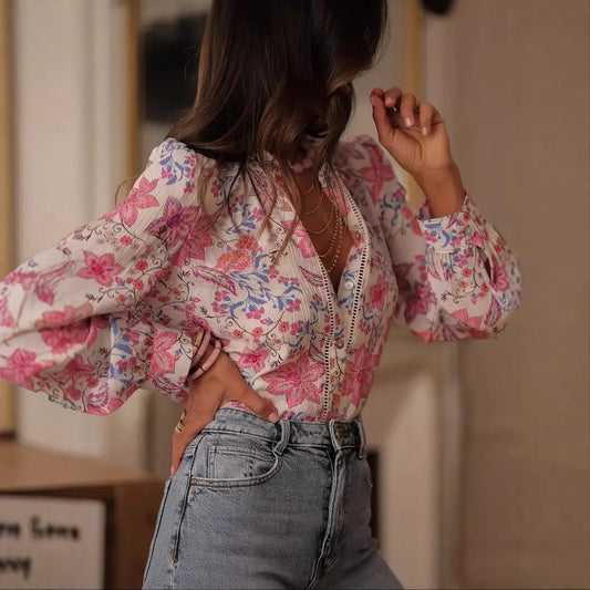 V-neck Single Breasted Shirt For Women