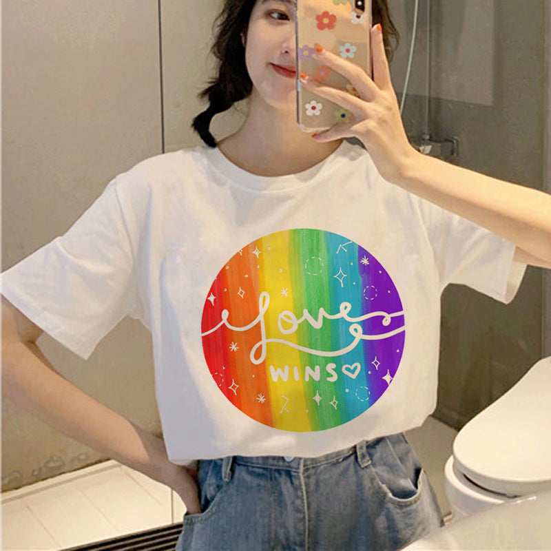 Personality Couple Wear Rainbow Letter Print Casual Short Sleeve T-Shirt