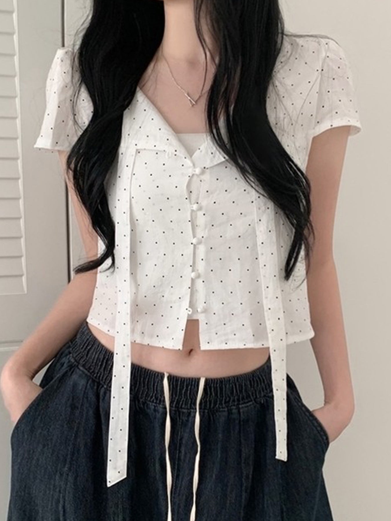 Sweet Alluring Bow-Knot Polka-Dot Strap Short-Sleeve T-Shirt