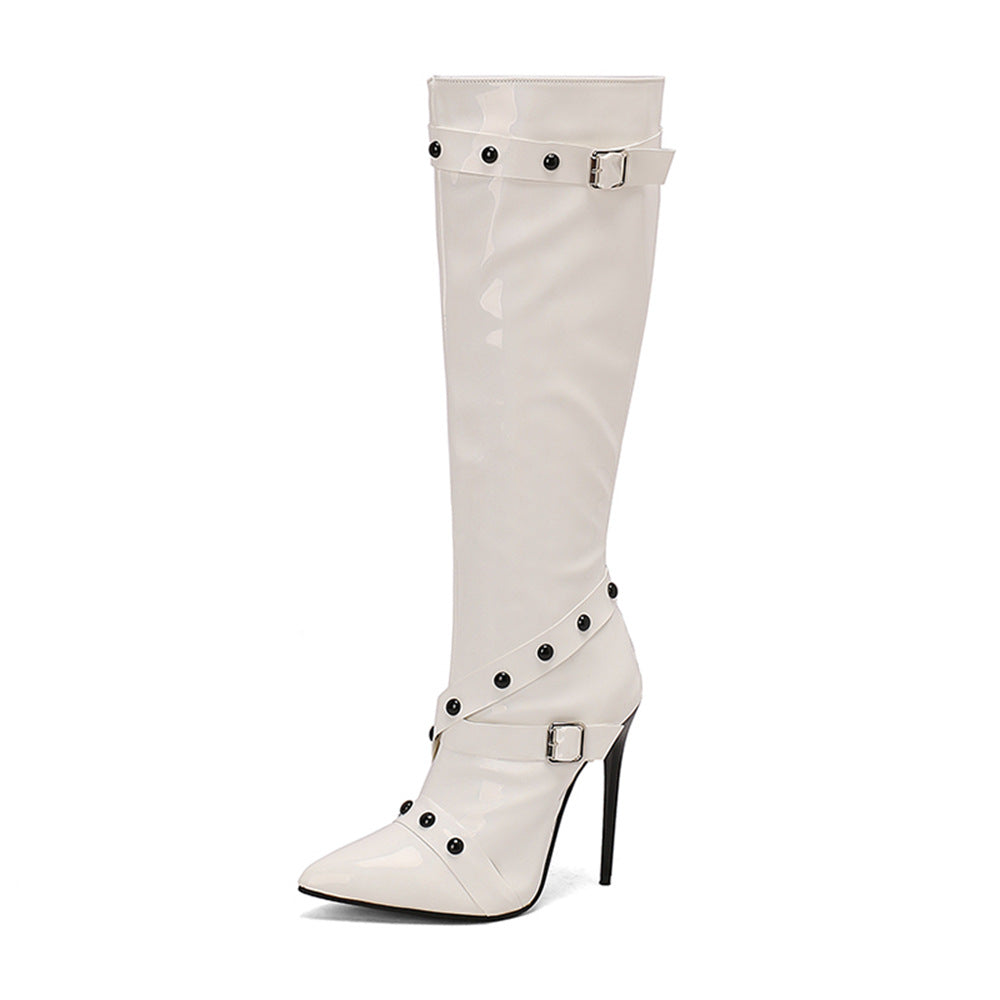 Womens Stiletto Heel Rivet Long Boots