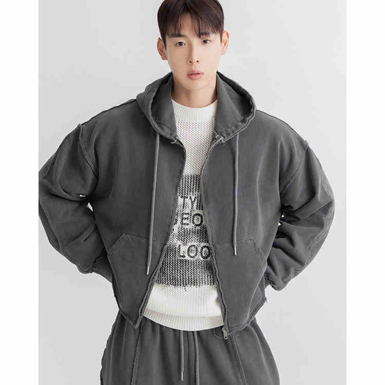 Fashion Wash Retro Distressed Frayed Three-dimensional Patchwork Hoodie
