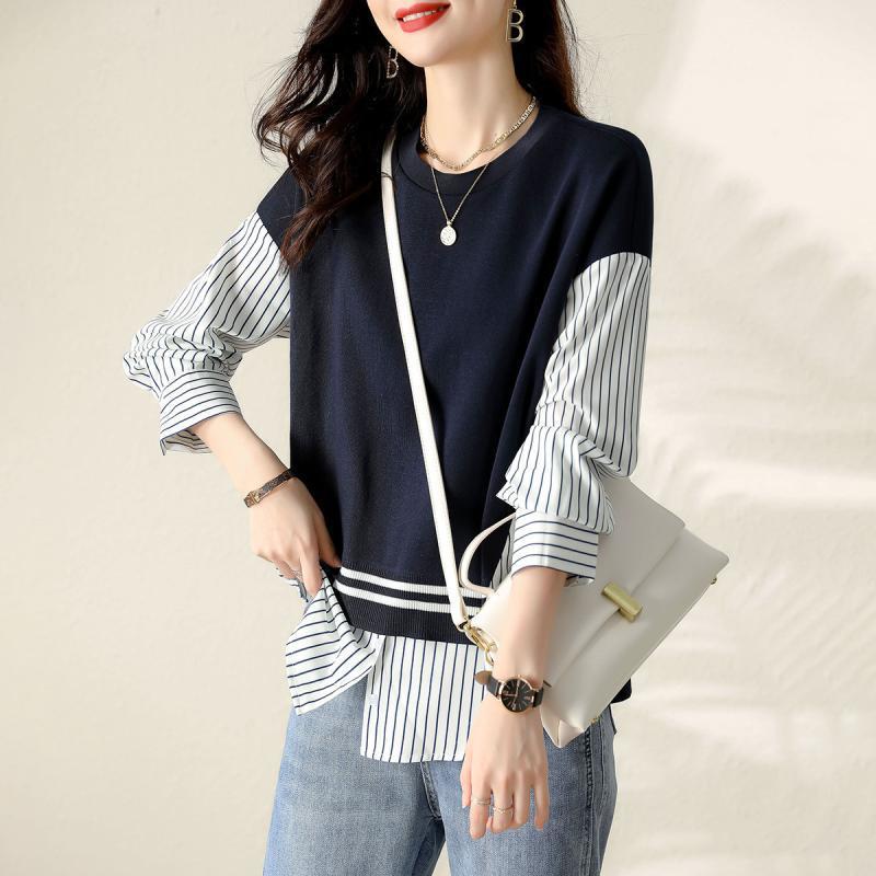 Slimming Stripes False Two-piece Patchwork Shirt All-matching Graceful Women's Simple Round Neck Sweater