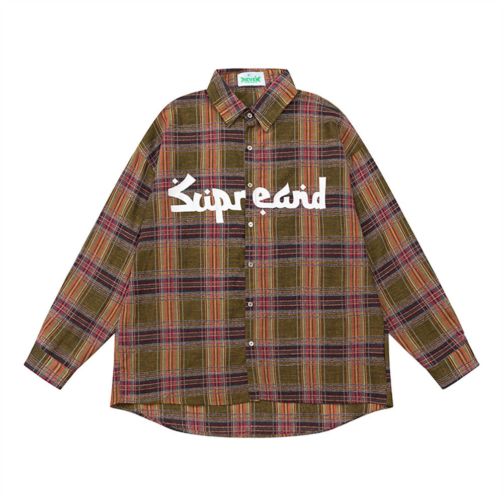 Color-contrast Check Letter Printed Long Sleeve Shirt