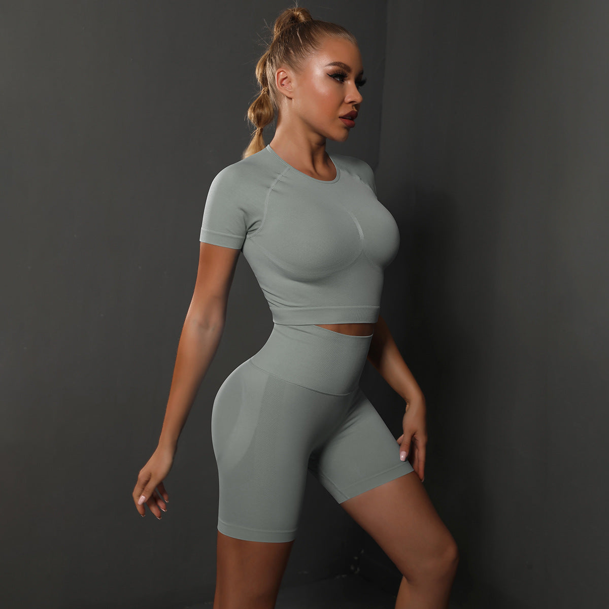 Summer New Seamless Solid Color High-Elastic Yoga Short-Sleeve Shorts Set