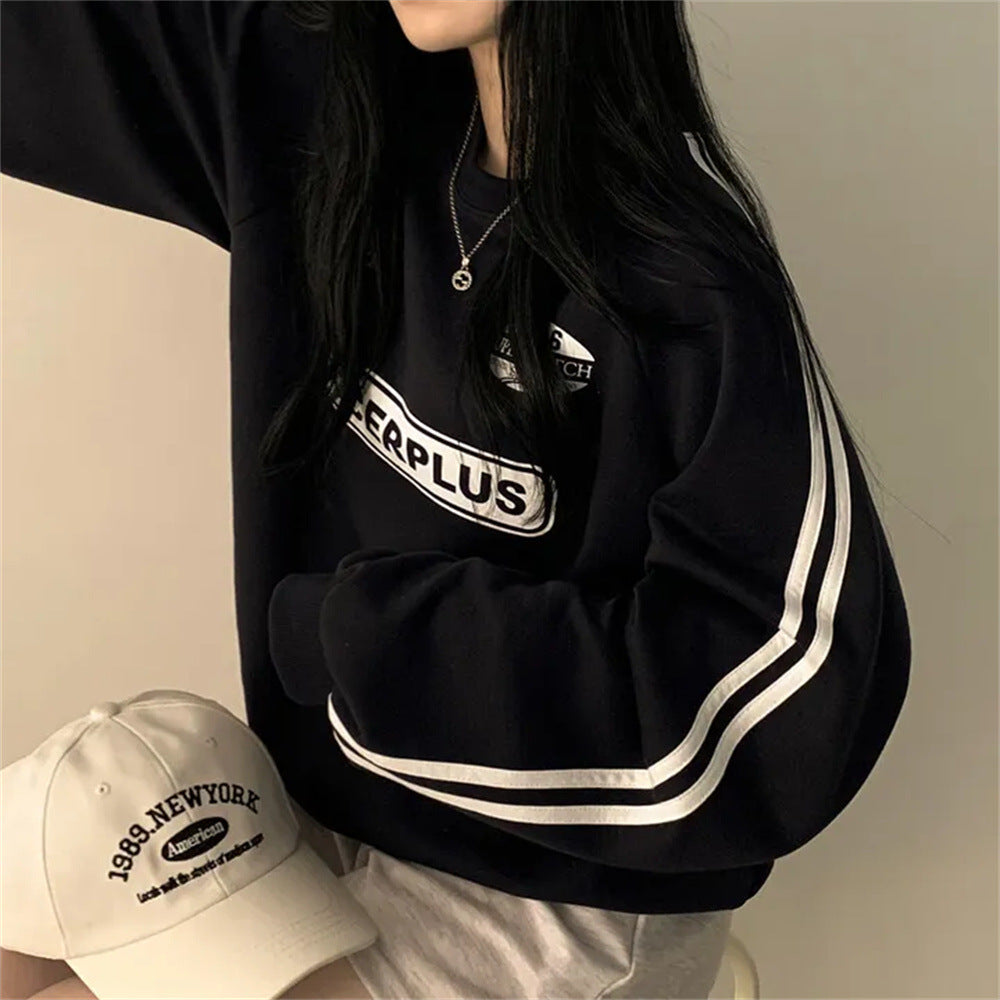 Sort doven chic koreansk stil striktrøje med rund hals