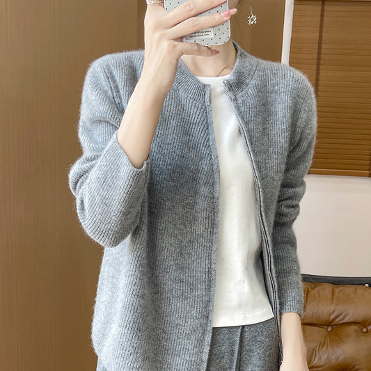 Round Neck Knitted Cardigan Long Sleeve Women's Oblique Zipper Slim Jacket
