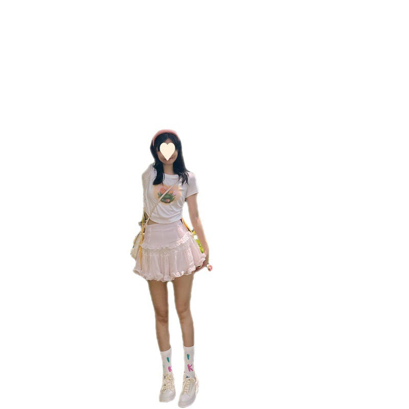 Sød Piget Lolita Højtaljet Slankende Flæse Chiffon Blonde Nederdel